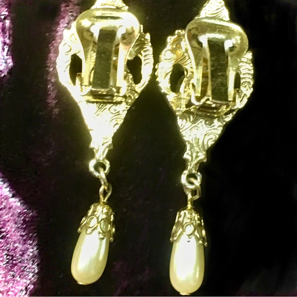 VINTAGE DROP PEARL & AGATE RHINESTONE GOLD-TONE CLIP EARRINGS & BROOCH GORGEOUS! - Picture 5 of 10